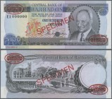 Barbados: 100 Dollars 1973 SPECIMEN, P.35s, punch hole cancellation and overprint ”Specimen” at center, Specimen number ”N° 090” at lower margin, De L...