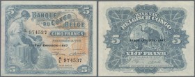 Belgian Congo: 5 Francs 1947, P.13Ad, almost perfect condition with a few spots of ink at left border due to the printing process. Condition: UNC