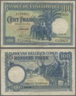 Belgian Congo: 100 Francs 1949 P. 17d in used condition with several folds and creases as well as stain in paper, condition: F.