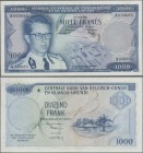 Belgian Congo: 1000 Francs 1958 P. 35, light center folds and very light handling in paper, very crisp paper and original colors, exceptional for this...