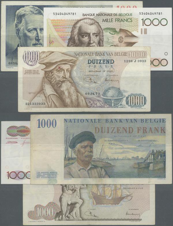 Belgium: set of notes 1000 Francs containing the issue P. 131 (F+), P. 136 (pres...