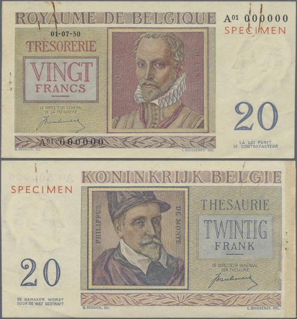 Belgium: 20 Francs 1950 Specimen P. 132as, a rarely seen specimen note with red ...