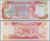 Belize: 5 Dollars 1980 P. 39a, QEII at right, strong crisp paper and original colors, no folds, only one handling dint at right, condition: aUNC.