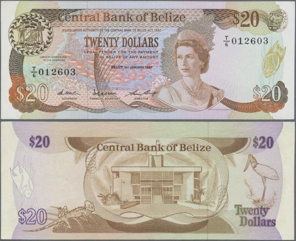 Belize: 20 Dollars 1987 P. 49b in condition: UNC.