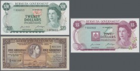 Bermuda: set of 3 notes containing 5 Shillings 1957 P. 18b (XF), 5 Dollars 1970 P. 24 (UNC) and 20 Dollars 1970 P. 26 (UNC), nice set. (3 pcs)