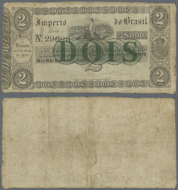 Brazil: Imperio do Brasil 2 Mil Reis D. 1833 (1843-60), P.A220, highly rare note...