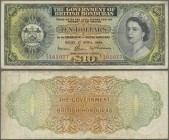 British Honduras: Government of British Honduras 10 Dollars April 1st 1964, P.31b, still a nice note with crisp paper and bright colors, several folds...