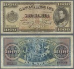 Bulgaria: 1000 Leva 1925 P. 48 in used condition with several folds and light staining in paper, very strong center fold, no holes, condition: F-.