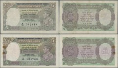 Burma: set of 2 notes 5 Rupees ND portrait KGIV P. 26b, the first with only 2 rusty pinholes at left, the second pressed, a bit faded colors, 2 pinhol...