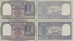 Burma: set of 2 notes 10 Rupees ND portrait KGIV P. 28, 34 with different red overprints on front, both in similar condition with only light handling ...