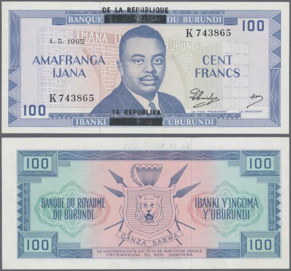 Burundi: 100 Francs 01.05.1965 P. 17, with black overprint ”De La Republique”, S...