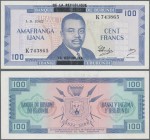 Burundi: 100 Francs 01.05.1965 P. 17, with black overprint ”De La Republique”, S/N #K743865, in exceptional condition without any holes or tears, cris...