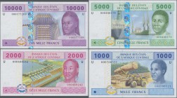 Cameroon: set of 5 notes Central African States containing 4x Cameroon (letter ”U”) 1000, 2000, 5000 & 10.000 Francs 2000/02 P. 207U-210U and 1x Congo...