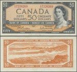 Canada: 50 Dollars 1954, signature Beattie & Rasminsky, P.81b with soft vertical fold at center. Condition: XF