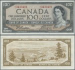 Canada: 100 Dollars 1954, signature Beattie & Coyne, P.82a with two vertical folds at center and a few minor creases in the paper. Condition: VF+