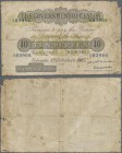 Ceylon: 10 Rupees 1925 P. 12c, higher denomination but stronger used with strong border wear, creases, folds and stain in paper, but no repairs, condi...
