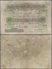 Ceylon: 10 Rupees 1926 P. 12c, stronger used with color abrasions, border wear, pressed, paper thinnings, still intact note, condition: G to VG.