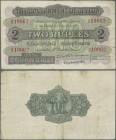 Ceylon: 2 Rupees 1925 P. 21a, used with several folds and creases, several border tears but still strongness in paper and nice colors, condition: F.