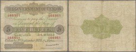 Ceylon: 5 Rupees 1928 P. 22, used with folds and creases, no holes or tears, no repairs, still strongness in paper, not washed or pressed, condition: ...