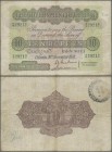 Ceylon: 10 Rupees 1938 P. 25, used with folds and creases, light stain in paper, no holes, still strongness in paper, not pressed, condition: F to F+.