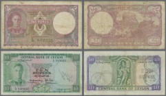 Ceylon: Pair of 2 Rupees 1945 and 10 Rupees 1951, P.35a, 48, both in about Fine condition with graffiti on the 10 Rs. (2 pcs.)