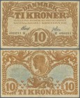 Denmark: 10 Kroner 1922 P. 21n, rarer early date with vertical and horizontal folds, no holes but 2 very tiny border tears at lower border, still orig...