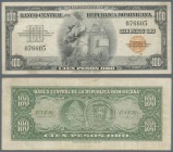 Dominican Republic: 100 Pesos ND(1947-50), P.65b, very nice and rare note with a few folds and lightly stained paper. Condition: F+