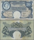 East Africa: 20 Shillings 1961 P. 43a, used with folds and stain in paper, still strongness and nice colors in paper, condition: VF-.