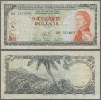 East Caribbean States: 100 Dollars ND(1965) with overprint letter ”A” in circle at left, P.16g, several handling traces like stained paper, some pinho...