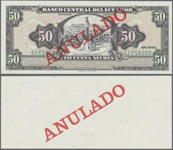 Ecuador: 50 Sucres ND Specimen Proof P. 116sp, uniface printed on front, red ove...