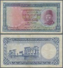 Egypt: 1 Pound 1951, P.24b, still nice with lightly stained paper and several folds. Condition: F