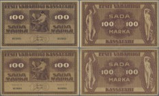Estonia: Highly rare pair of the 100 Marka 1919, one without ”Seeria” and Watermark: horizontal wavy lines, P.48a in XF and a second one with ”Seeria ...