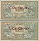 Estonia: 1 Kroon overprint on 100 Marka 1923 (1928), P.61, still nice with a few vertical folds and lightly toned paper. Condition: VF