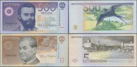 Estonia: Lot with 5 Banknotes series 1994 with 5, 10, 50, 100 and 500 Krooni, P.76a-80a, all in perfect UNC condition. (5 pcs.)