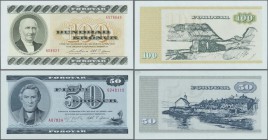 Faeroe Islands: Pair with 50 Kronur (19)78 P.20a and 100 Kronur (19)88 P.21d, both in perfect UNC condition (2 pcs.)