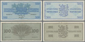 Finland: Pair with 100 Markkaa 1955 P.91 in VF- with rusty spots and 500 Markkaa 1956 P.96 in about Fine condition. (2 pcs.)