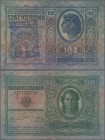 Fiume: 100 Korona 1912 Austria-Hungary with overprint ”Fiume” at left, used with light vertical and horizontal folds in paper, no holes or tears, orig...