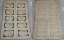 France: Uncut sheet of 10 pcs. 5 Livres 10. Brumaire l'an 2ème (31.10.1793), P.A76 with several folds, border tears and stained paper. Condition: F/F-...