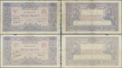 France: set of 2 notes 1000 Francs 1919 and 1925 P. 67h,j, both in used condition with folds, border tears one of them a large 5 cm border tear, minor...
