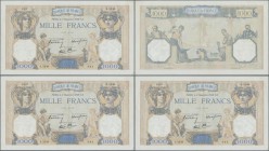 France: set of 3 nearly consecutive notes of 1000 Francs 1938 P. 90, S/N 130978891, -893, -895, all with light center bend, handling in paper and a fe...