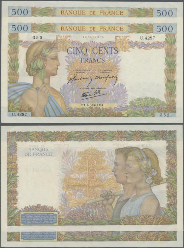 France: set of nearly consecutive banknotes of 500 Francs 1942 P. 95, both in si...