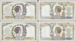 France: set of 2 CONSECUTIVE notes 5000 Francs ”Victoire” 1943 P. 97, S/N 30428360 & -361, both notes in similar condition, with only light folds, min...