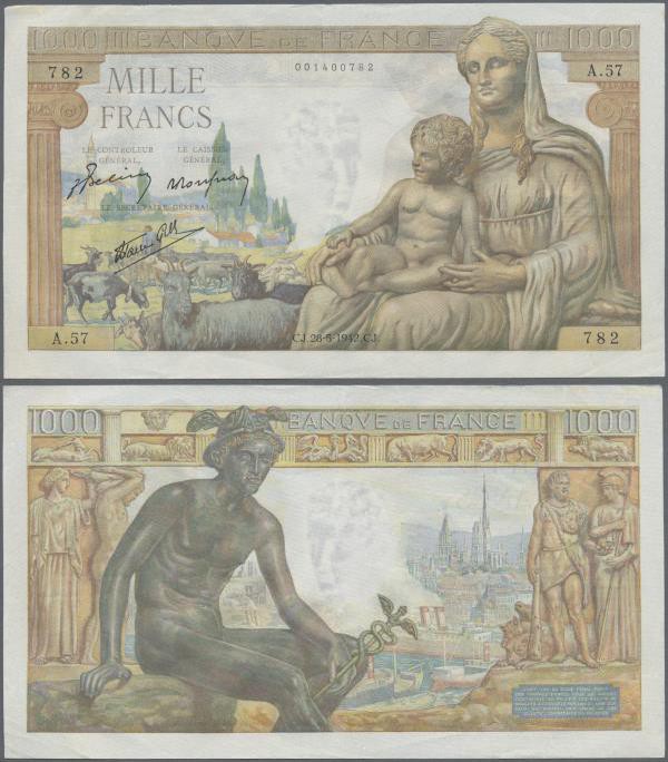 France: set of 17 notes of 1000 Francs ”Demeter” 1942/43 P. 102, all notes with ...