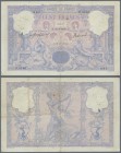 France: 100 Francs 1908 Fay 21.23, used with folds and creases, many pinholes, a 3cm tear at upper border, still nice colors, condition: F-.