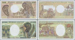 Gabon: set of 2 notes containing 5000 & 10.000 Francs ND(1974) P. 6, 7, very colorful notes, both with crisp original paper and bright colors, only li...