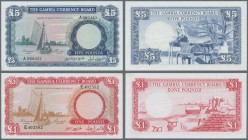 Gambia: set of 2 notes containing 1 & 5 Pounds ND(1965-70), P. 1,2, both with light corner bends, still crisp paper, no strong folds, condition: XF+ t...