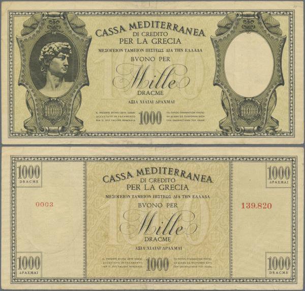 Greece: Italian Occuppation WWI 1000 Drachmai 1941 P. M6 used with some vertical...