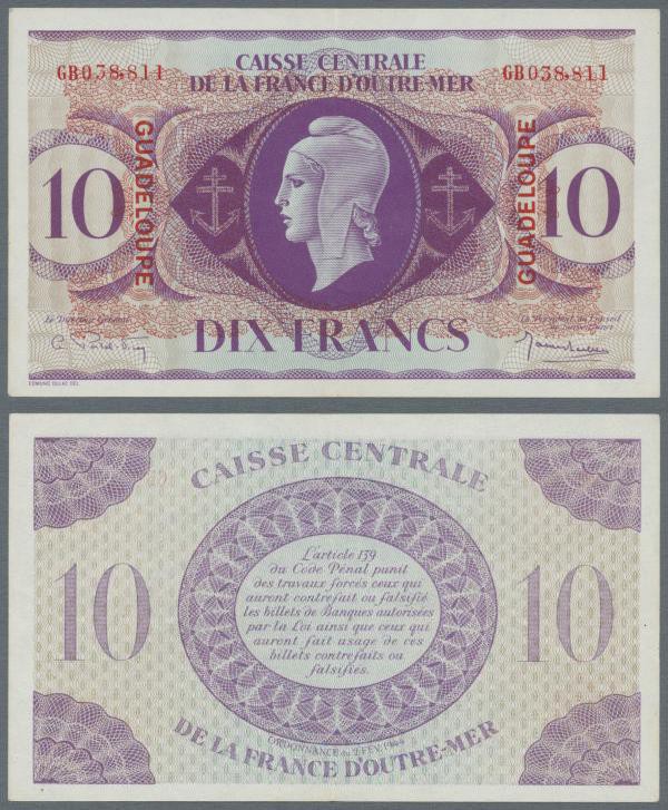 Guadeloupe: 10 francs ND P. 27a, center fold, crisp paper, condition: XF to XF+.