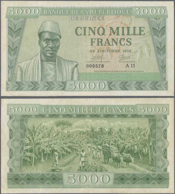 Guinea: 5000 Frans 1958 P. 10, used with light folds, pressed, still strongness ...