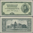 Hungary: 100 Million Milpengö 1946 Specimen with perforation ”MINTA”, P.130s, unfolded with lightly toned paper at upper margin and left border on fro...